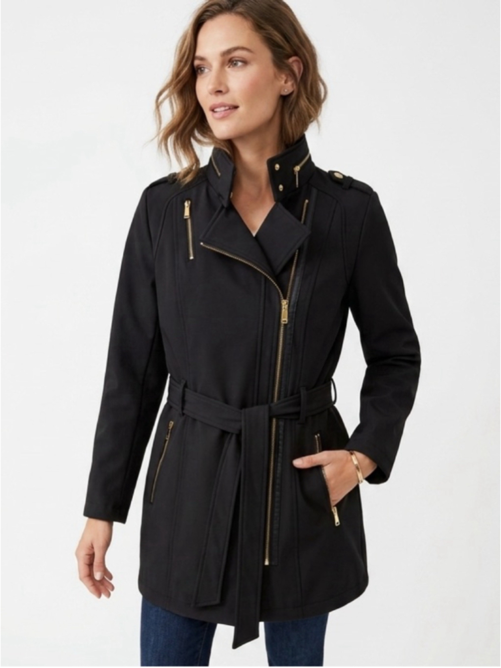 Women's Michael Kors Asymmetrical Belted Softshell Jacket – Black/Gold Size L
